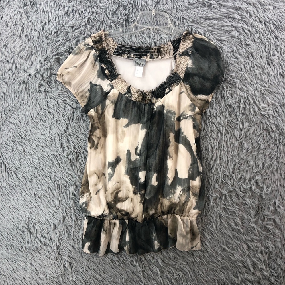 Daytrip Blouse Womens Medium Scalloped Stretchy Gathered Hem Watercolor Lined